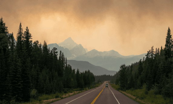 BC road with wildfire smoke